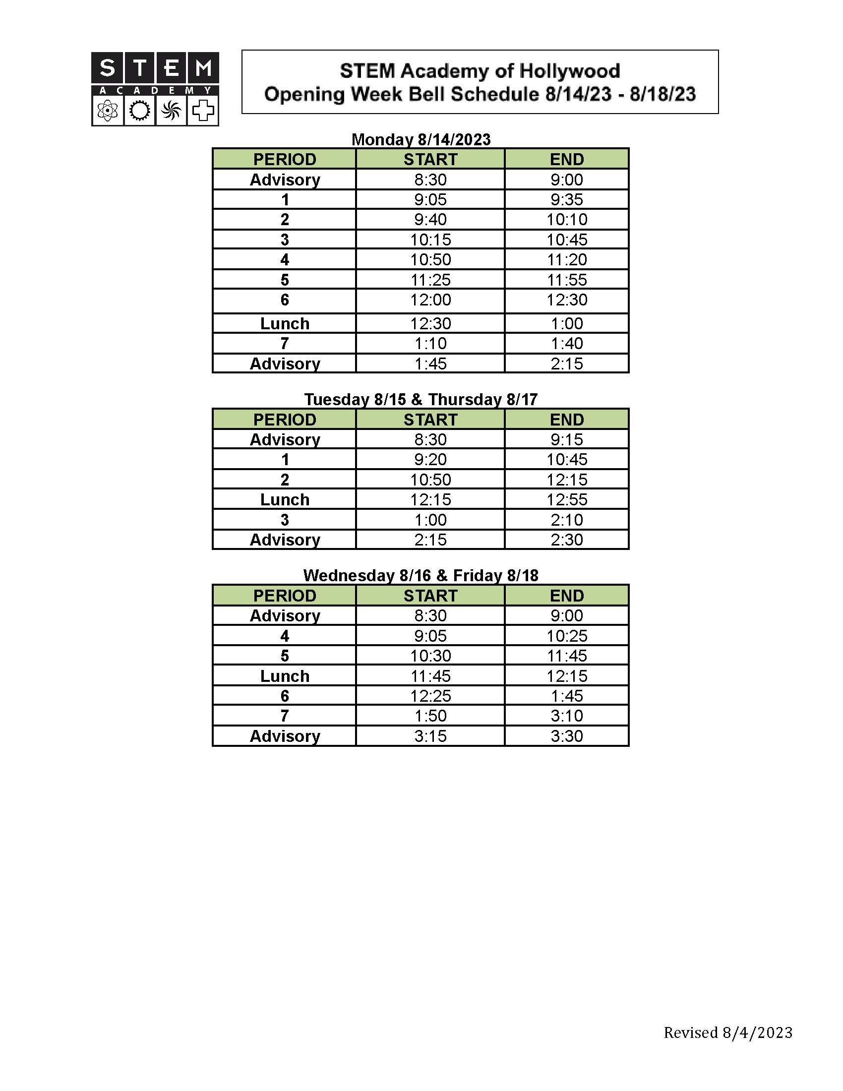  Bell Schedule